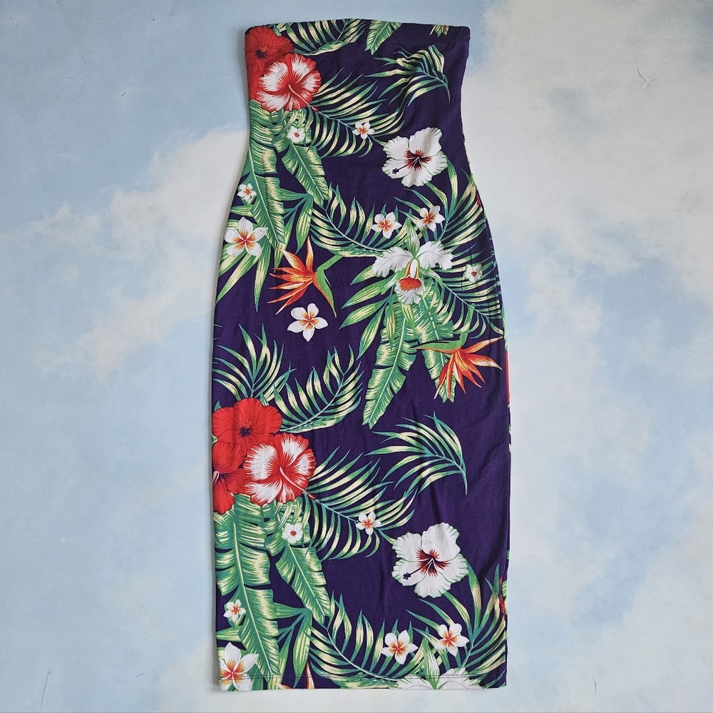 Tropical Midi Bodycon Dress Purple Floral Dress Vacation Tropical Hibiscus